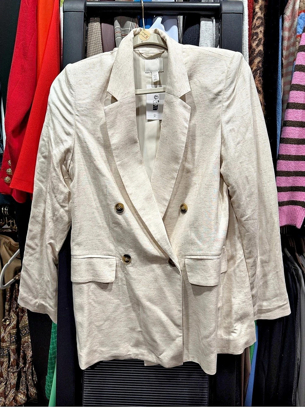 H&M Double-Breasted Linen-Blend Blazer Cream XS